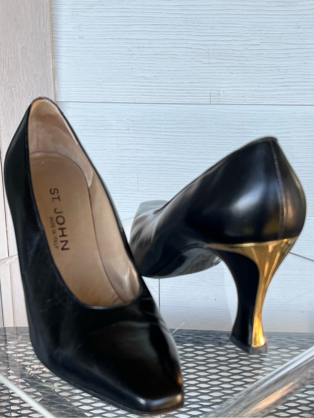 St. John Vintage Classic Black Leather Pumps with Gold Heel Accent